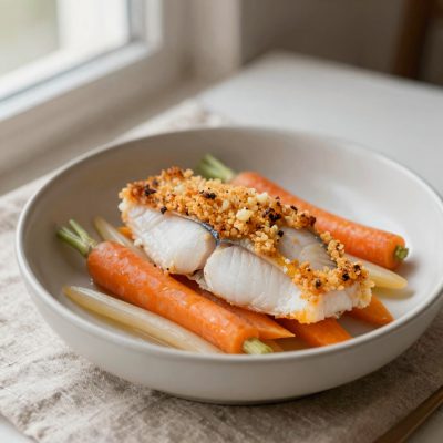 Filetto di pesce marinato su letto di verdura