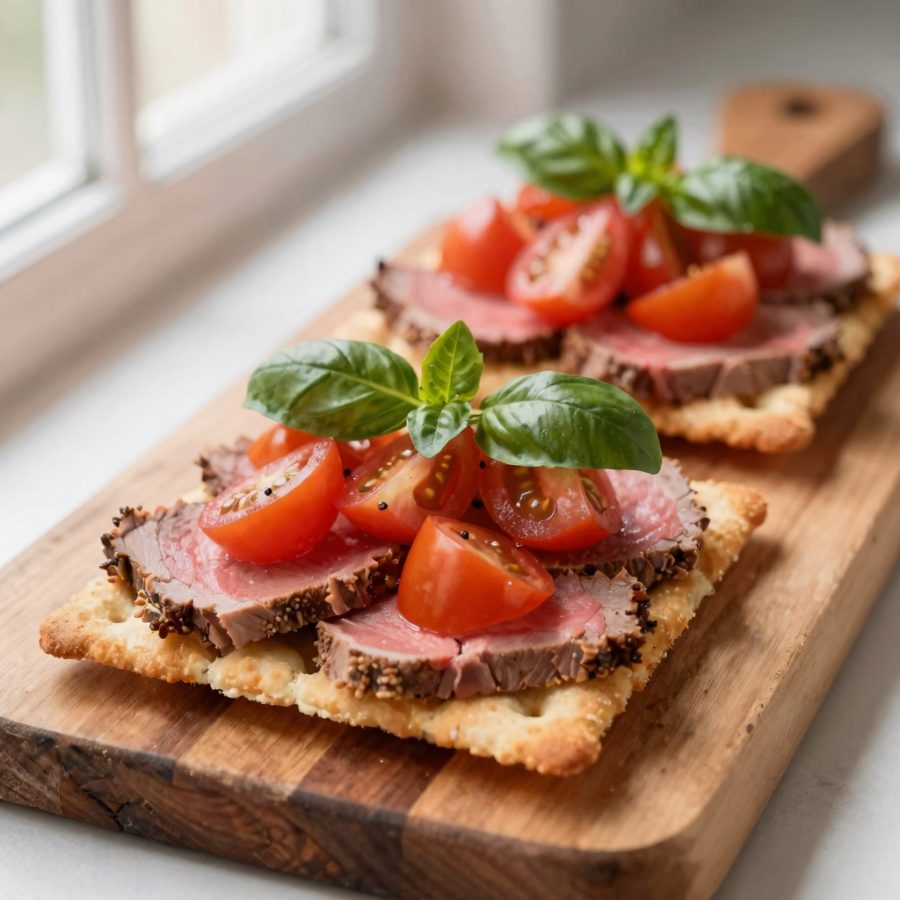 Cracker con carpaccio di vitello e insalata di pomodori e basilico
