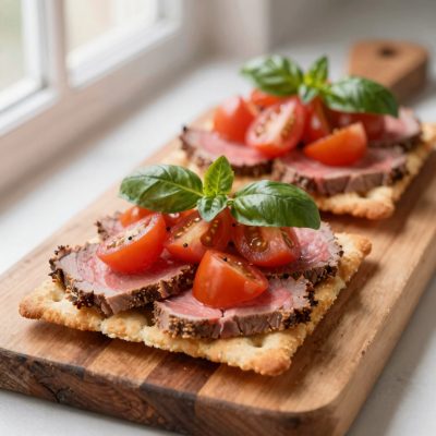 Cracker con carpaccio di vitello e insalata di pomodori e basilico