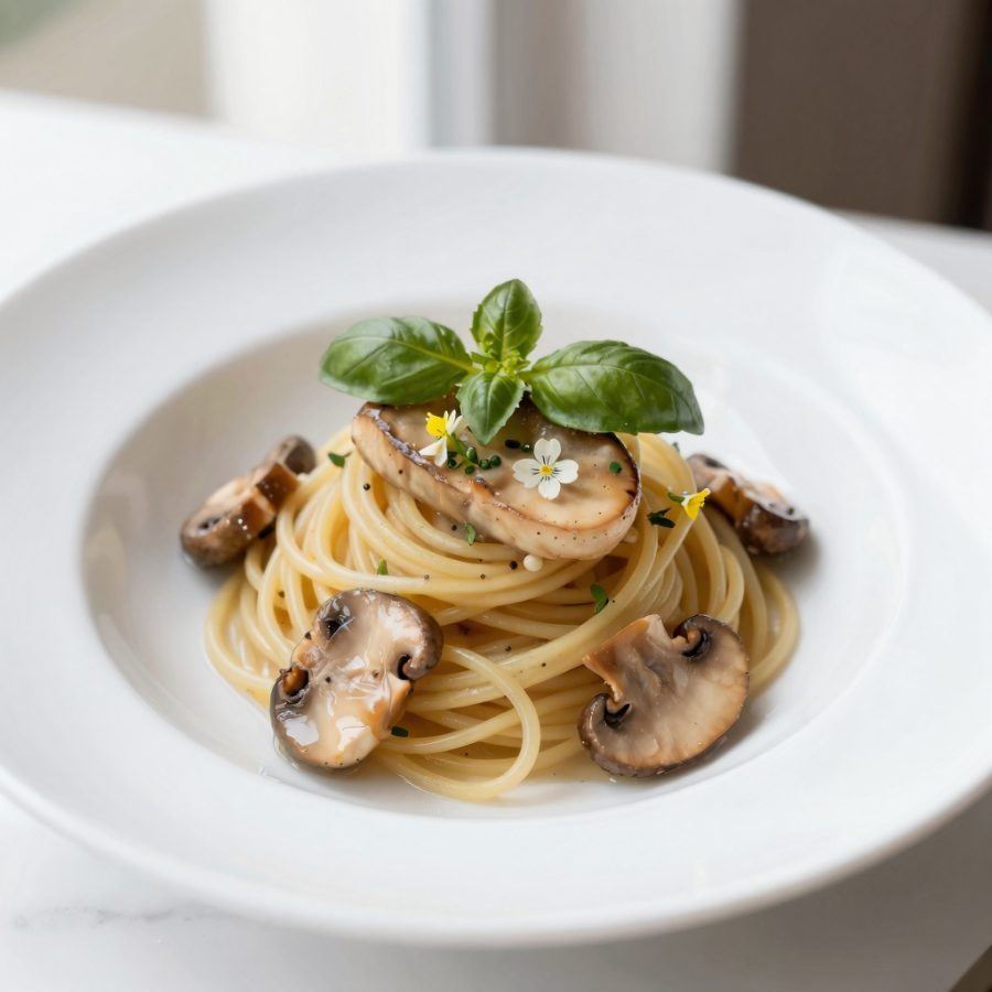 Spaghetti con Porcini, Foie Gras e fiori di Basilico