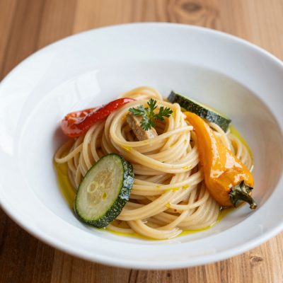 Spaghetti con Scorfano, Zucchine e Peperoni