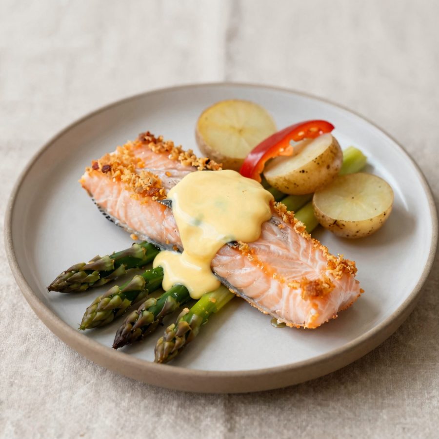 Salmone con punte d’asparagi e salsa Olandese