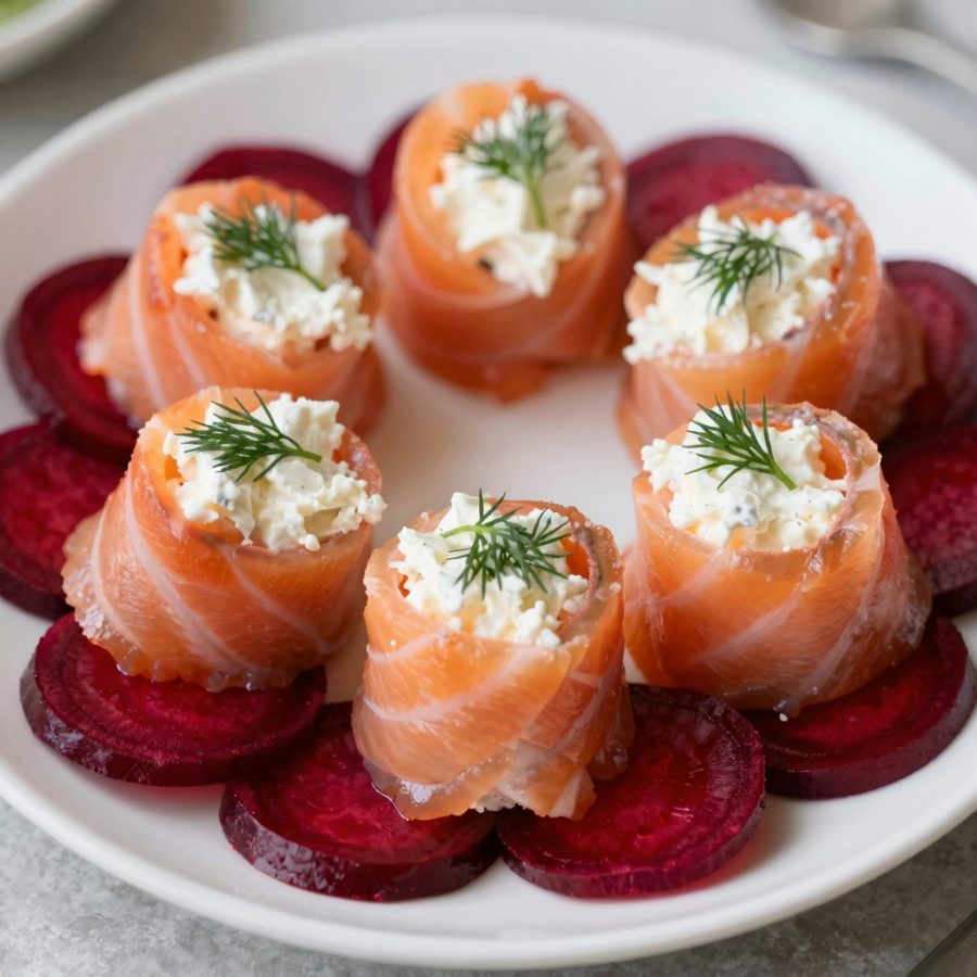 Arrotolato di salmone affumicato con cottage cheese e carpaccio di barbabietole