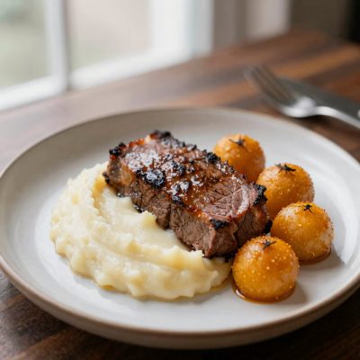 Brasato di manzo (con pure di patate e palline di zucca)
