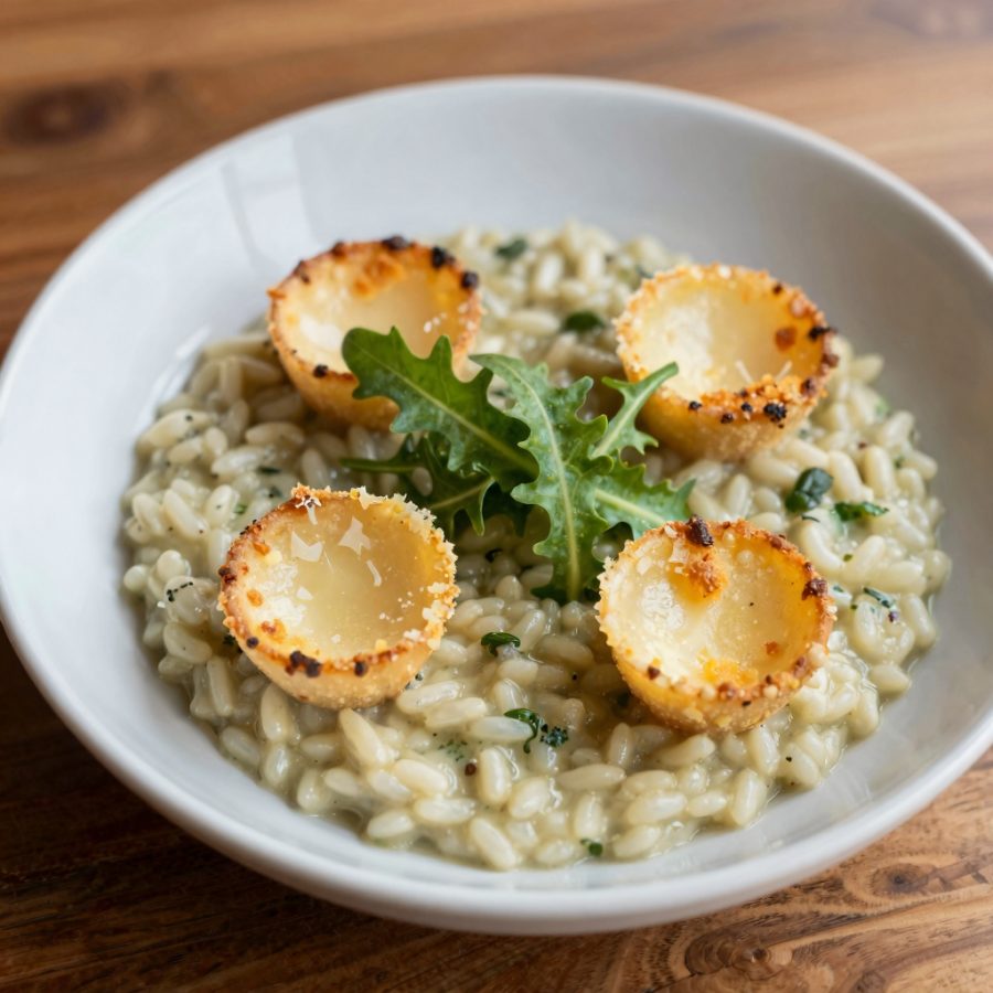 Cestini di parmigiano con risotto alla rucola