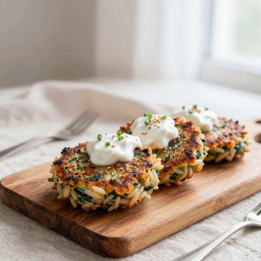 Frittelle di riso e spinaci in salsa di Yogurt