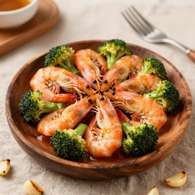 Gamberetti al miele con sesamo e broccoli