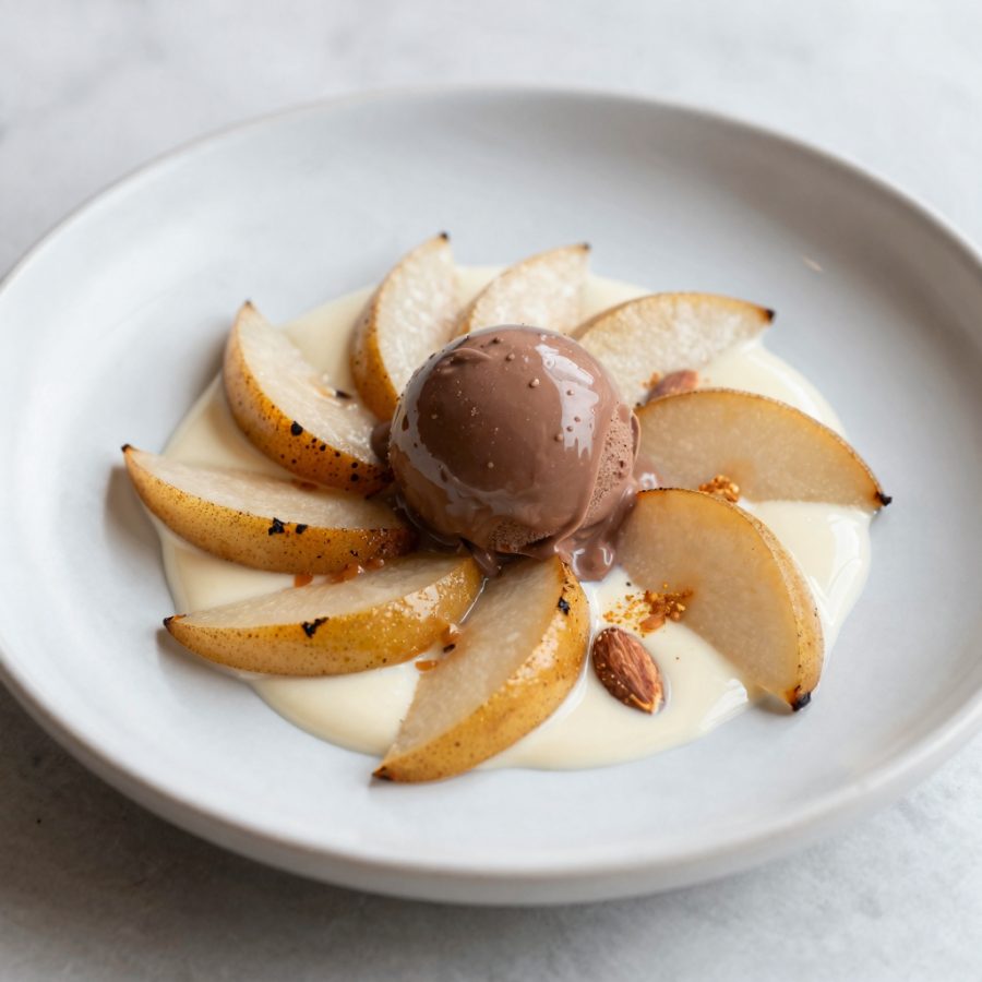 Gelato al cioccolato su crema "buona luisa" con composta di pere