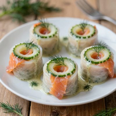 Salmone affumicato/rosette di cetrioli con salsa all’aneto