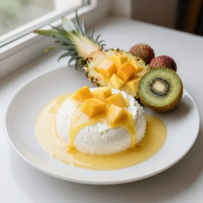 Timballo di ricotta e mango con frutta esotica e salsa al limone