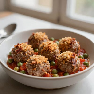 Polpettine ai piselli e prosciutto crudo
