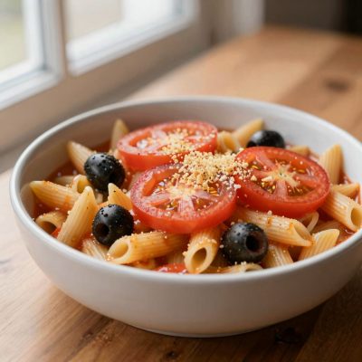 Maccheroni al forno con salsa di olive al vino