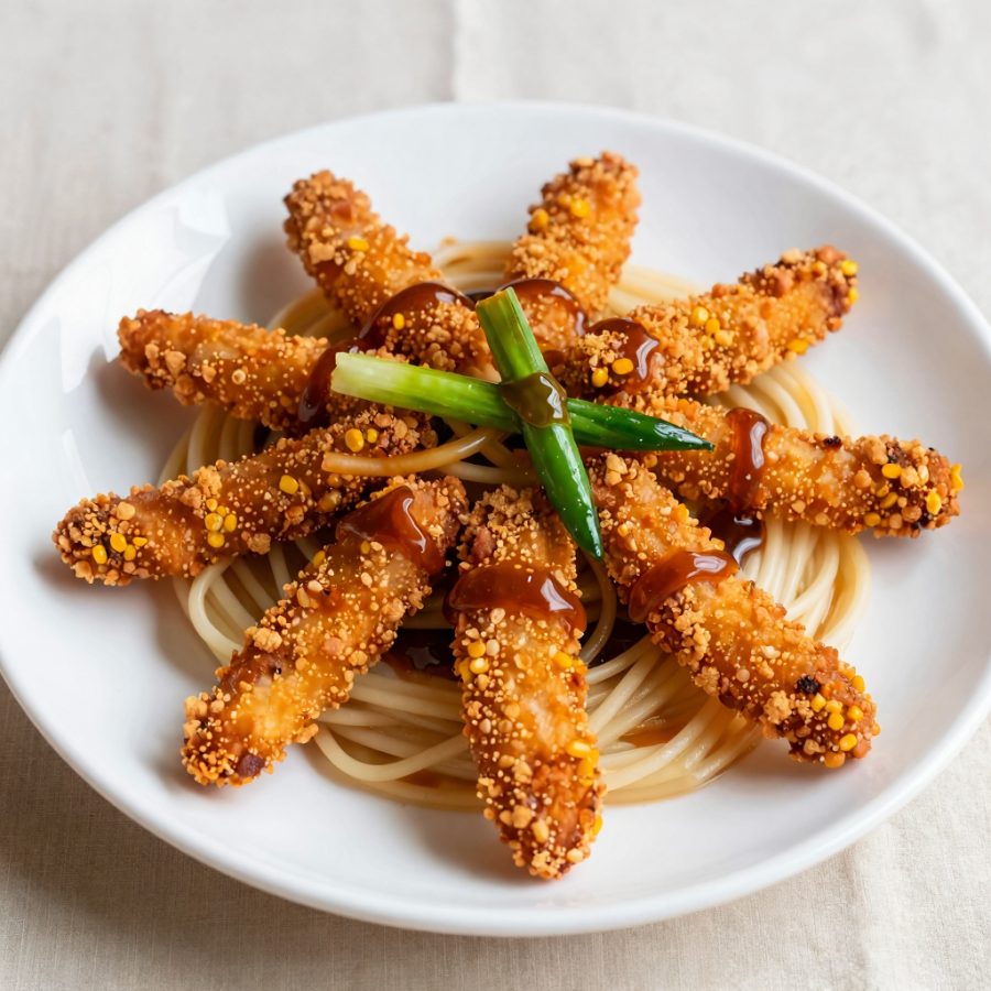 Sminuzzato di pollo in agrodolce con tagliatelle