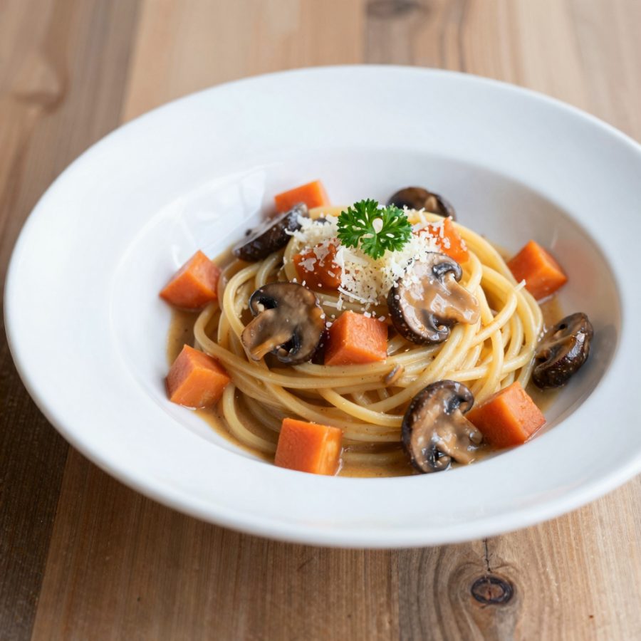 Spaghetti con carote e funghi