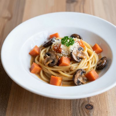 Spaghetti con carote e funghi