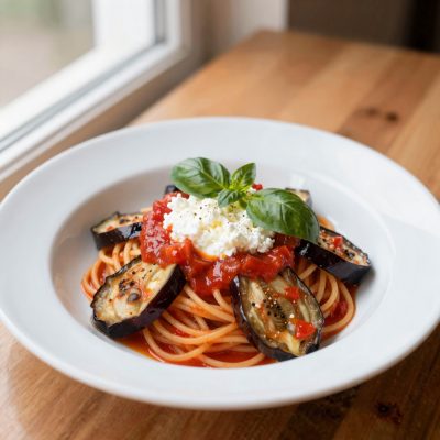 Spaghetti con ricotta e melanzane