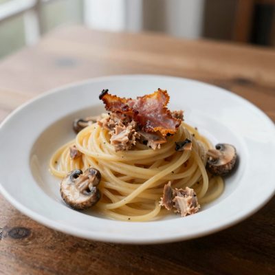 Spaghetti con tonno e funghi