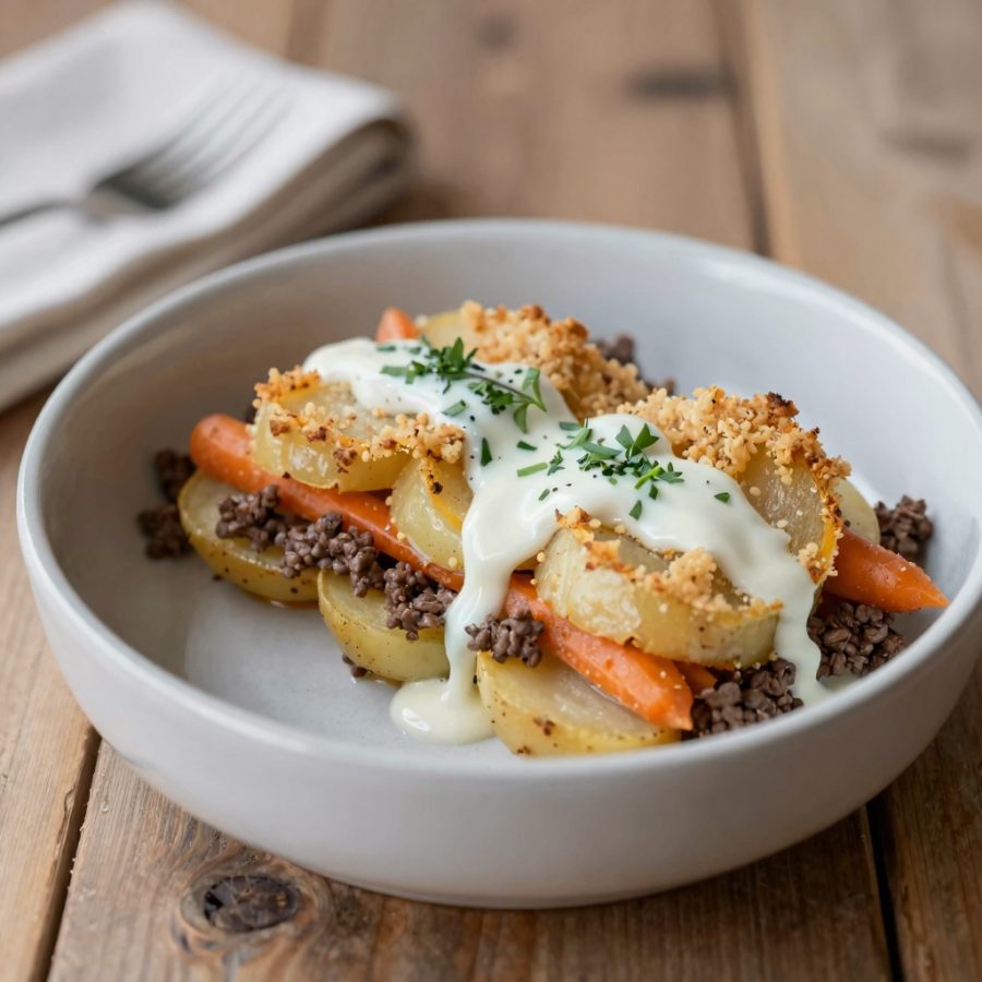 Gratin di patate e carote con macinato di manzo e salsa all’erba cipollina