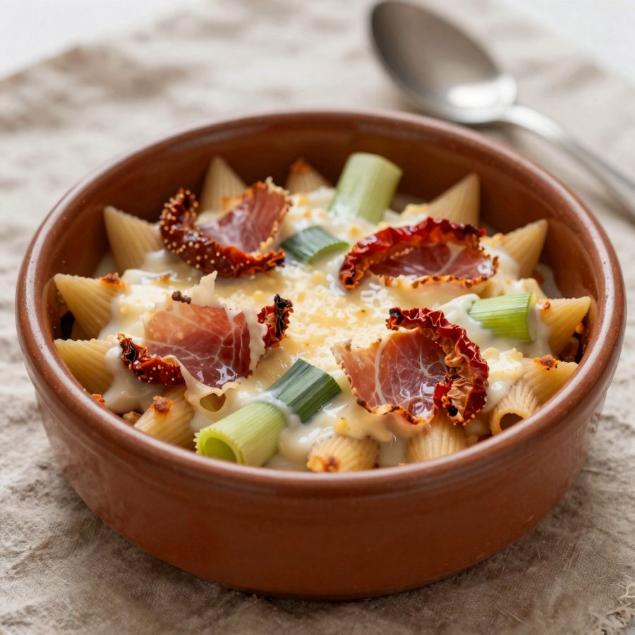 Sformato di pasta con porri e prosciutto crudo