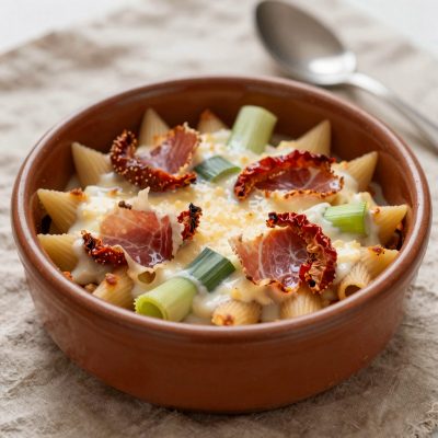 Sformato di pasta con porri e prosciutto crudo