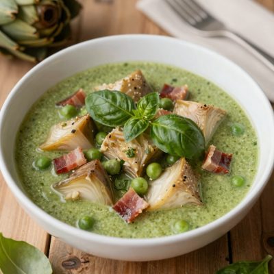 Coniglio in umido con piselli,carciofi e basilico
