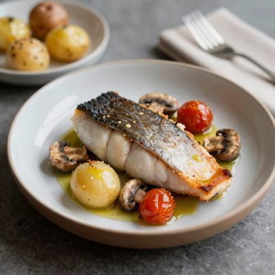 Filetti di halibut con funghi e aromi