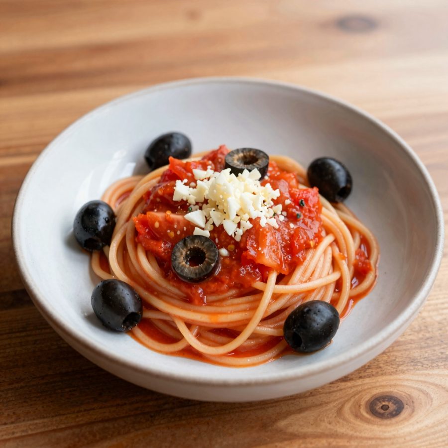 Spaghettini al Pomodoro fresco, Olive e Aglio