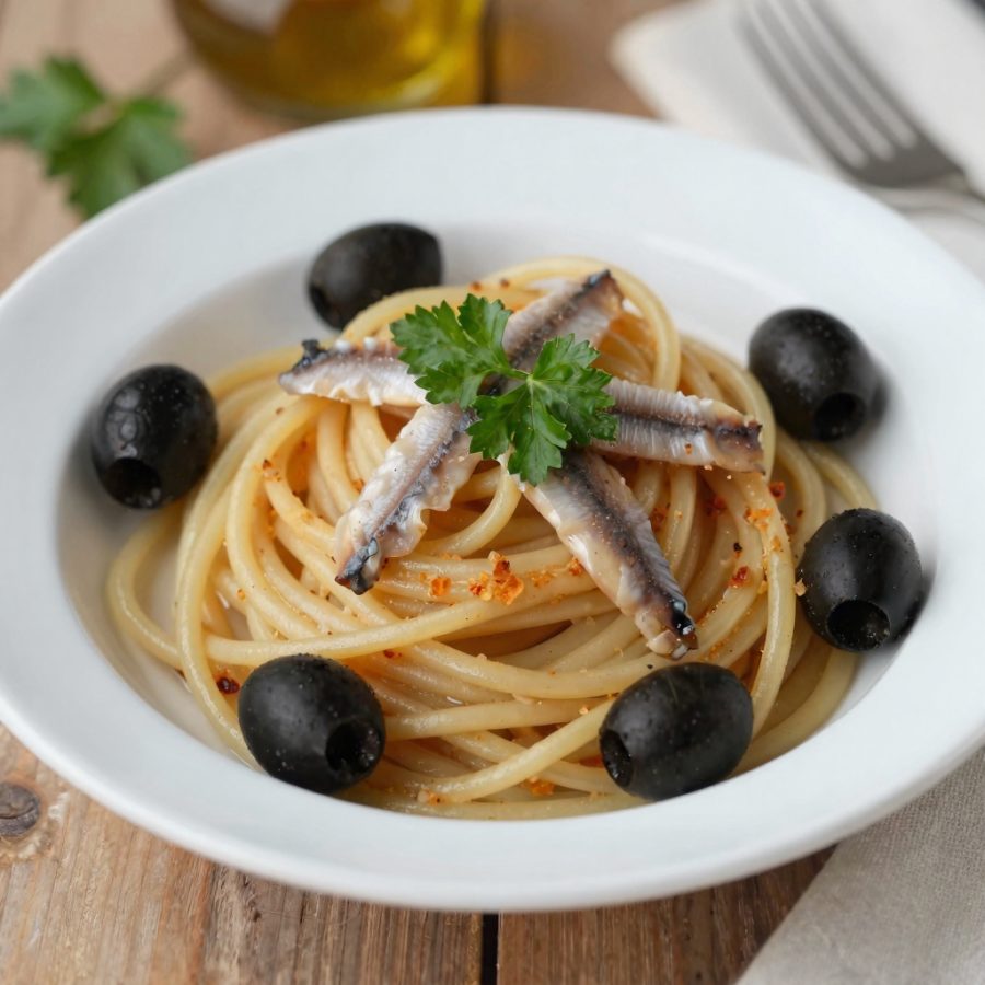 Spaghettini croccanti con Cipolla, Acciughe e Olive nere