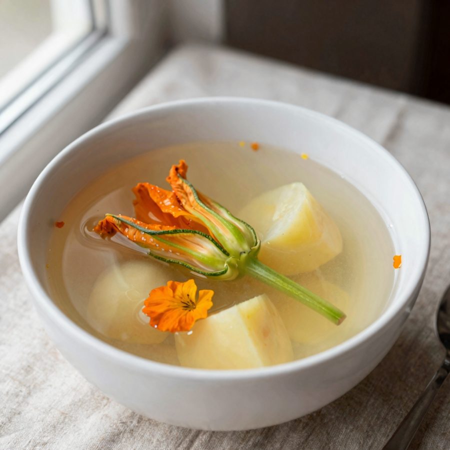 Consommé ai fiori e verdure