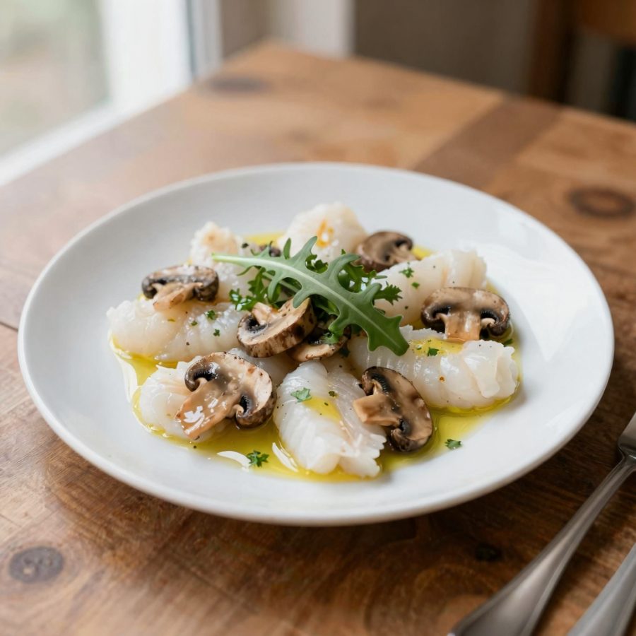 Carpaccio caldo di pescatrice ai funghi con foglioline di rucola
