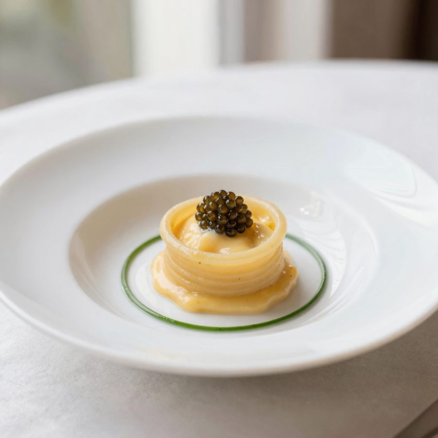 Turbante di Bucatini con Caviale e Burro alla Cipollina