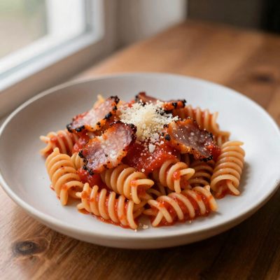 Bucatini alla Amatriciana con Guanciale croccante, aceto balsamico e Pecorino di fossa