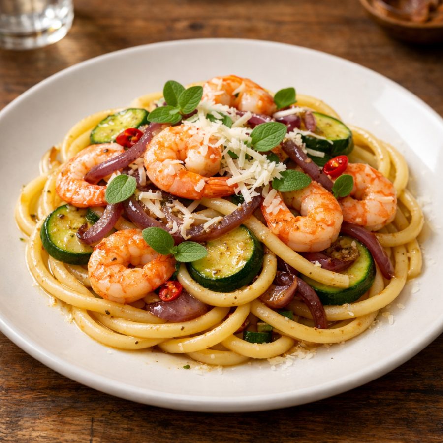Bucatini con peperoncino, zucchine, gamberi e cipolla di Tropea