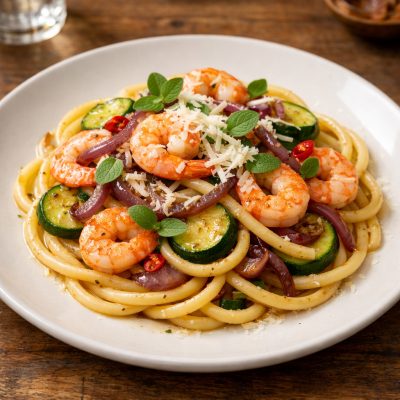 Bucatini con peperoncino, zucchine, gamberi e cipolla di Tropea