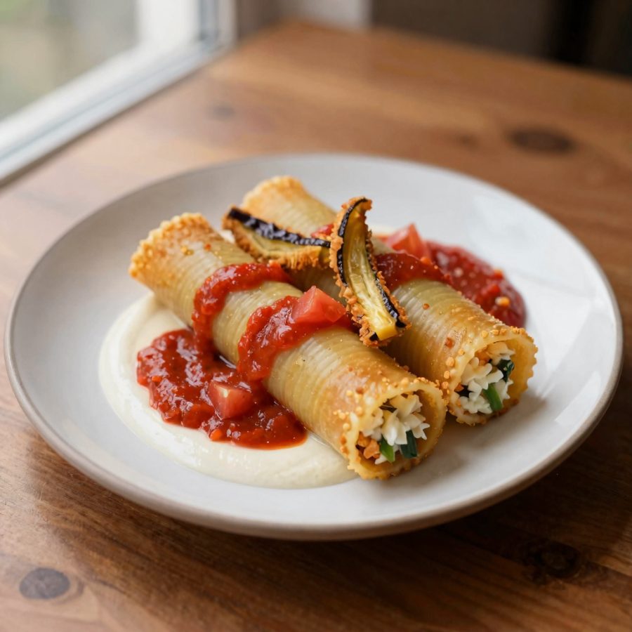 Cannelloni all’uovo ripieni alle Verdure su crema di Melanzane