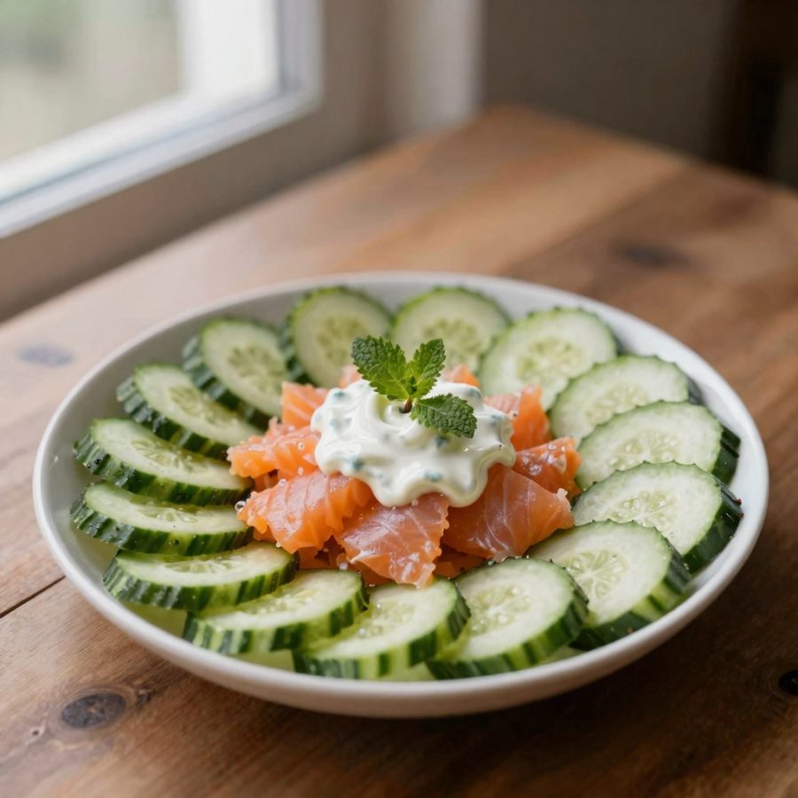 Antipasto caldo di salmone e cetrioli