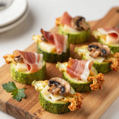 Fiori di zucca ai porcini, formaggio e prosciutto