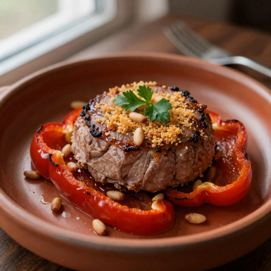 Medaglioni di filetto di vitello in salsa di peperoni, uvetta e pinoli