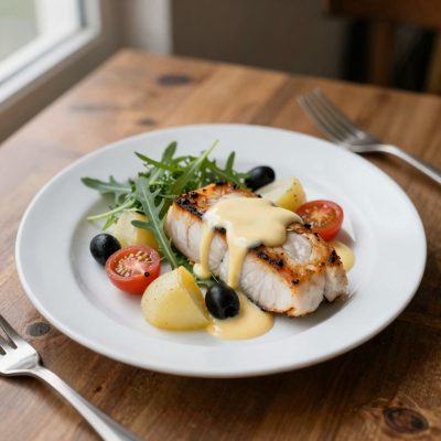 Pesce spada con insalatina calda di patate e olive nere