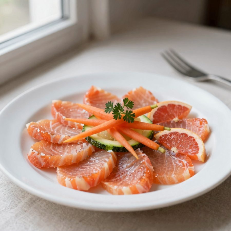 Carpaccio di salmone con verdure e pompelmo